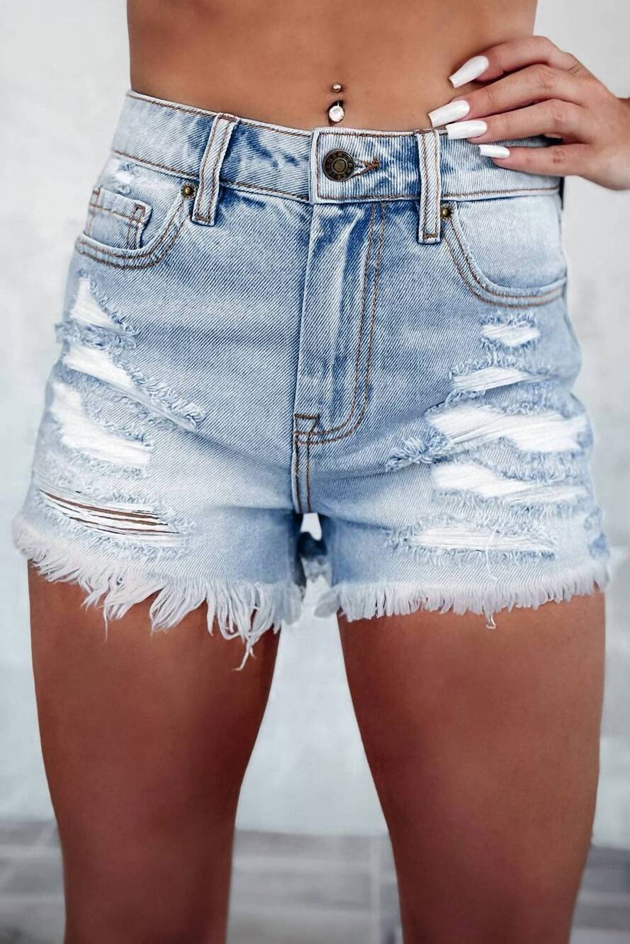 NEW LOVESOFT delia distressed raw hem high waist denim shorts in light blue